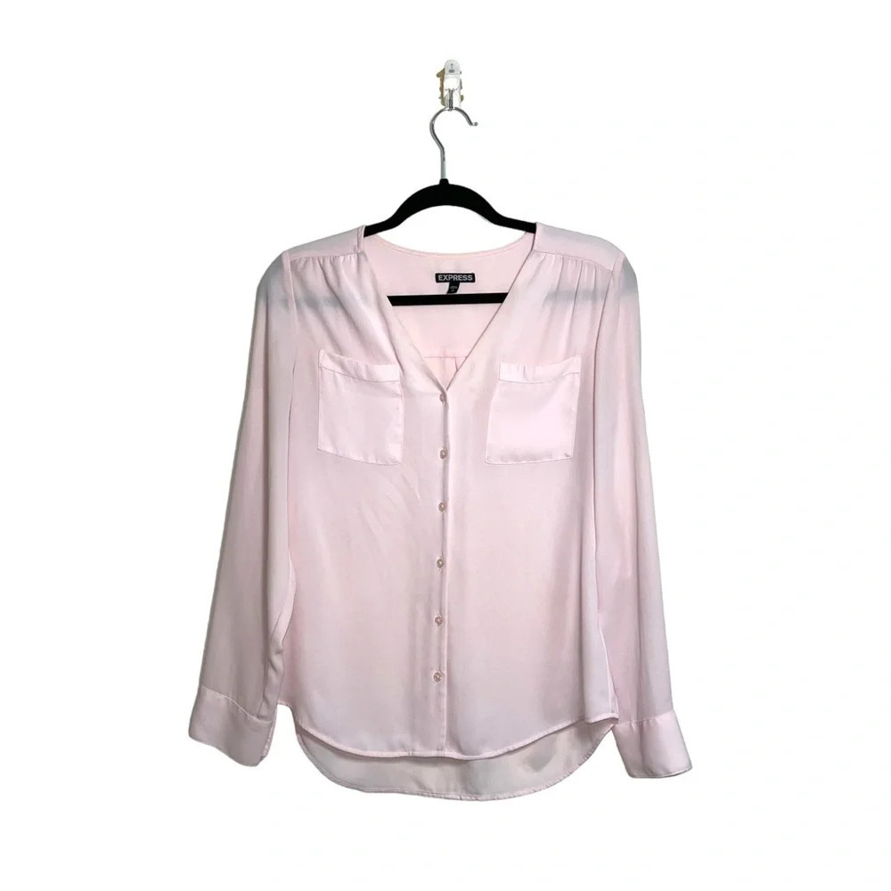 Express Light Pink V-neck Button Front Tabbed Sleeve Blouse Small Women’s